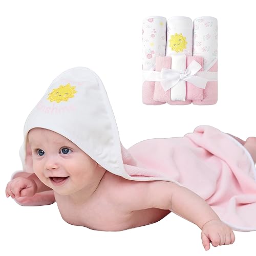 Viviland Baby Towels and Washcloths, Soft Absorbent Pink Baby Bath Towel Set, Elephant Hooded Towels with 5 Infant Face Washcloths (6 Pieces) - Jamouz