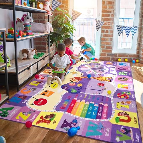 Large Playroom Rug Daycare Kids Rug 7x10,Educational and Fun Nursery Rug with ABC Alphabet Animals Classroom Rug Washable Kids Play Mat Baby Toddler Children Girls Rugs for Bedroom,Beige - Jamouz