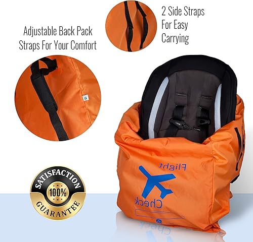 Car Seat Travel Bag and Carrier for Gate Check with Travel Pouch - Bright Orange with Blue Letters for Airport, Airplane Gate Check, Car Trips and Storage Double Backpack Straps | Carseat Bag for sto - Jamouz