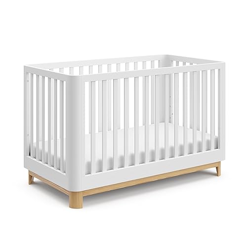 Storkcraft Santos 3-in-1 Convertible Crib (White with Natural) – GREENGUARD Gold Certified, Fits Standard Crib Mattress, Converts to Toddler Bed, Modern Style, Rounded Designer Details - Jamouz
