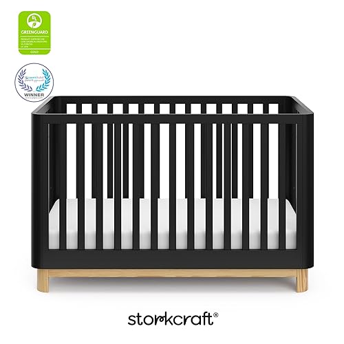 Storkcraft Santos 3-in-1 Convertible Crib (White with Natural) – GREENGUARD Gold Certified, Fits Standard Crib Mattress, Converts to Toddler Bed, Modern Style, Rounded Designer Details - Jamouz