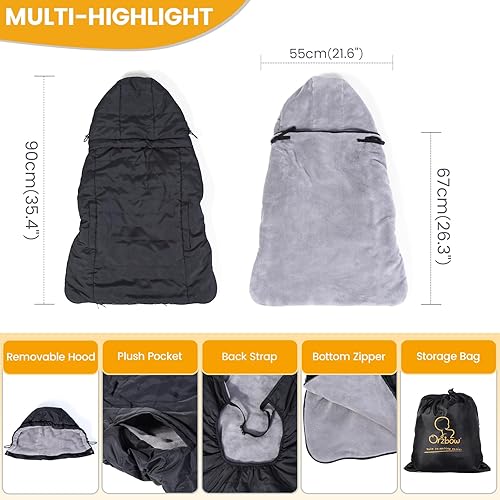 Orzbow Winter Baby Carrier Cover with Detachable Hood, Waterproof & Windproof, Universal for Baby Carriers and Baby Waist Stool, Baby Bunting Bag for Car Seats and Strollers with Storage Bag, Black - Jamouz