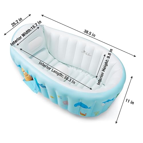 PandaEar Baby Inflatable Bathtub, Portable Travel Baby Infant Bath Tub Toddler Bathtub with Air Pump, Foldable Non-Slip Shower Basin Mini Air Swimming Pool for Newborn (Whale Blue) - Jamouz