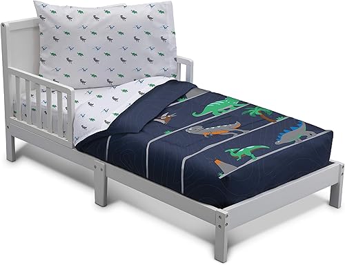 Delta Children 4 Piece Toddler Bedding Set for Boys - Reversible 2-in-1 Comforter - Includes Fitted Comforter to Keep Little Ones Snug, Bottom Sheet, Top Sheet, Pillow Case - Jurassic Dinosaur - Jamouz