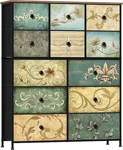 Tohomeor Dresser with Drawers for Bedroom Chest of Drawers Fabric Dresser for Closet,Nursery Entryway Hall Tree TV Stand for Living Room Retro Floral Pattern Drawers Wooden Top (12 Drawers) - Jamouz