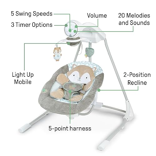 Ingenuity InLighten 5-Speed Baby Swing - Swivel Infant Seat, 5 Point Safety Harness, Nature Sounds, Lights - Nally Owl - Jamouz