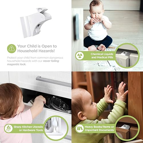 SKYLA HOMES Magnetic Cabinet Locks Baby Proofing Child Safety - The Safest Quickest and Easiest Multi-Purpose 3M Adhesive Child Proof Latches, No Screws or Tools Needed (12 Pack) - Jamouz