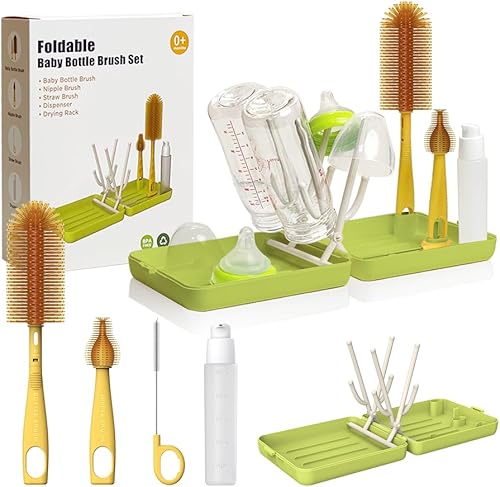 YOTIME Travel Bottle Brush, Travel Bottle Cleaner Kit with Foldable Bottle Drying Rack, for Visit Friends and Relations, Baby Travel Essentials, BPA Free, White - Jamouz