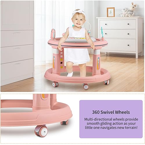 Baby Walker with Music and Lights, 5 Adjustable Heights, Baby Walkers and Activity Center for Boys Girls Babies 6-12 Months, Features 360 Degree Swivel Seat, Detachable Toys and Bounce Foot pad - Jamouz
