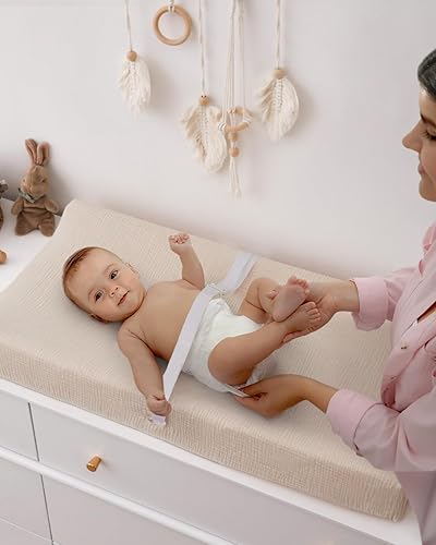 Blissful Diary Muslin Changing Pad Cover for Girls Boys, Ultra Soft Breathable Cotton, Baby Diaper Change Table Pad Covers, 2Pack (Roman Green&Leaf) - Jamouz