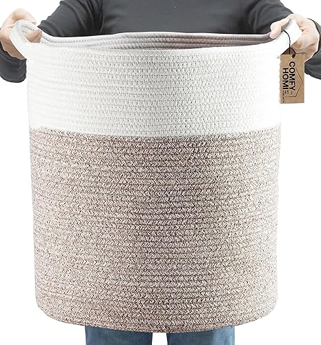 COMFY-HOMI XXL Large Laundry Basket with Handles Blanket Baskets Living Room|Woven Cotton Rope Decorative Basket Laundry Hamper Baby Basket Nursery Dog Toy Storage Organizer Bin-16”x18”-White Grey - Jamouz