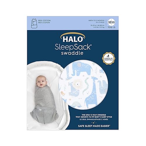HALO 100% Cotton Sleepsack Swaddle, 3-Way Adjustable Wearable Blanket, TOG 1.5, Baby Blue, Newborn, 0-3 Months - Jamouz