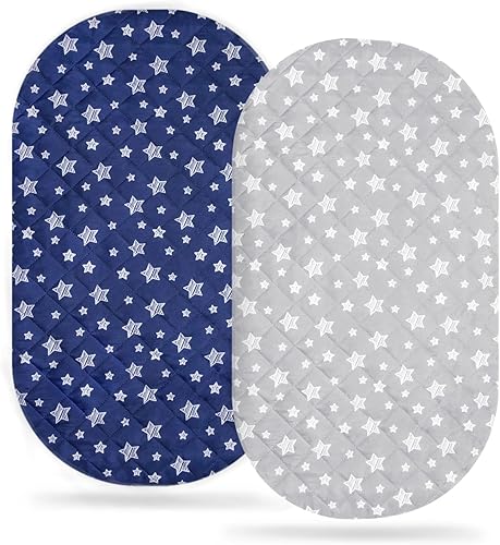 Bassinet Mattress Pad Cover 33' X 17', Waterproof, Flexible for Different Cradle and Bassinet Mattress- Rectangle,Hourglass,Oval, 2 Pack, Soft & Breathable, Grey & Navy - Jamouz