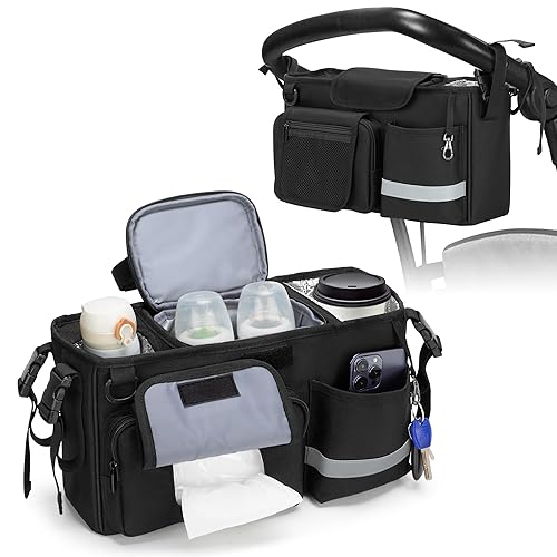 Parent Console Stroller Organizer Compatible with WONDERFOLD W&X, 2 Insulated Cup Holders, A Removable Cooler Bag, Black, Patented Design - Jamouz