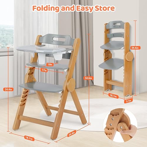 Ezebaby Wooden High Chair Grow with Your Child, Foldable Baby High Chair with Adjustable Seat and Footrest Heights, High Chair for Babies and Toddlers with Cushion and Large Double Layer Tray(White) - Jamouz