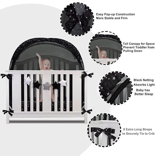 Safety Crib Tent to Keep Baby in Pop up Mosquito Net Netting Canopy Mesh Cover for Toddler - Black - Jamouz