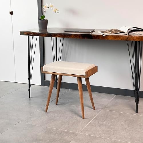 Walnut Ottoman Stool for Living Room | Upholstered in Crowbar Pattern Fabric | Versatile as a Piano Bench | Ideal Bedroom Bench | Functional Footstool Bench - Jamouz