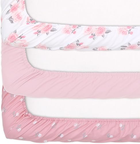 The Peanutshell 3-Pack Fitted Playard Sheets - Soft & Breathable Baby Girl Mini Crib Sheets, Pack N Play Mattress, Fits Standard Playard Pack Play Mattresses - Pink Roses & Ditsy - Jamouz