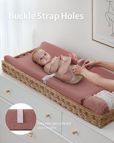 Blissful Diary Muslin Changing Pad Cover for Girls Boys, Ultra Soft Breathable Cotton, Baby Diaper Change Table Pad Covers, 2Pack (Roman Green&Leaf) - Jamouz