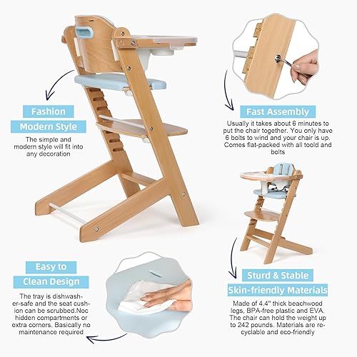 Cowiewie 3-in-1 Convertible Natural Wooden High Chair for Babies & Toddlers 3-Tier Remove & 2 Adjustable Wood Tray & 8 Levels Adjustable, 2 Waterproof Cozy Cushions Grey - Jamouz