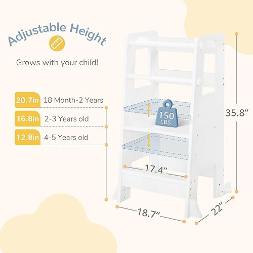 Toddler Kitchen Step Stool Helper with Safety Rails, Adjustable Height Toddler Standing Tower for Bathroom, Kitchen Counter, Bedroom (White) - Jamouz