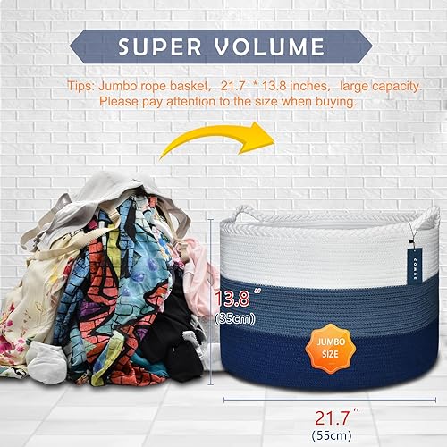 COMSE Extra Large Blanket Basket, Storage Basket, Laundry Basket, 21.7”x 13.8”, Laundry Hamper, Cotton Rope Basket, Blanket Basket Living Room, Toy Basket (White & Cadet Blue & Navy Blue) - Jamouz
