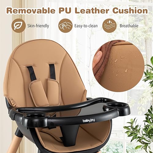 BABY JOY 5 in 1 High Chair, Convertible High Chairs for Babies and Toddlers/Booster Seat/Table and Chair Set, Infant Wooden Highchair w/ 5-Point Harness, 4-Position Removable Tray & PU Cushion, Coffee - Jamouz