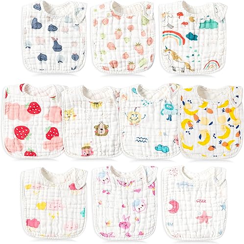 BUoonyer 10pcs Snap Muslin Cotton Bibs, Baby Bandana Drool Bibs, Adjustable Soft Absorbent Cotton Scarf - Jamouz