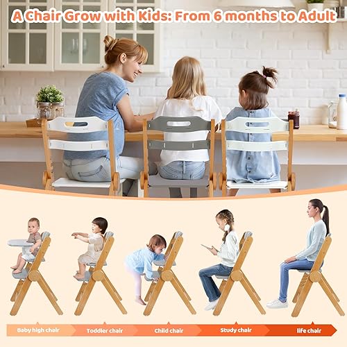 Ezebaby Wooden High Chair Grow with Your Child, Foldable Baby High Chair with Adjustable Seat and Footrest Heights, High Chair for Babies and Toddlers with Cushion and Large Double Layer Tray(White) - Jamouz