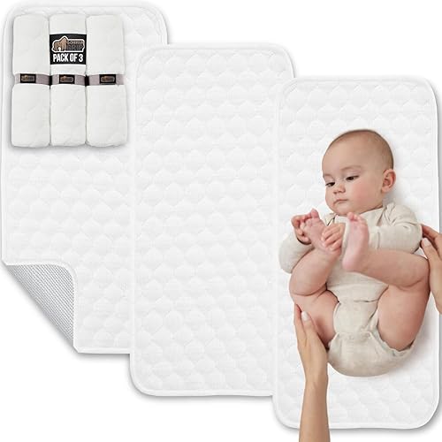 Gorilla Grip 3 Pack Soft 100% Waterproof Hypoallergenic Absorbent Baby Changing Liners, Stay in Place Pad, Slip Resistant, Quilted Machine Washable Reusable Liner Pads, Diaper Table Mat Cover, White - Jamouz