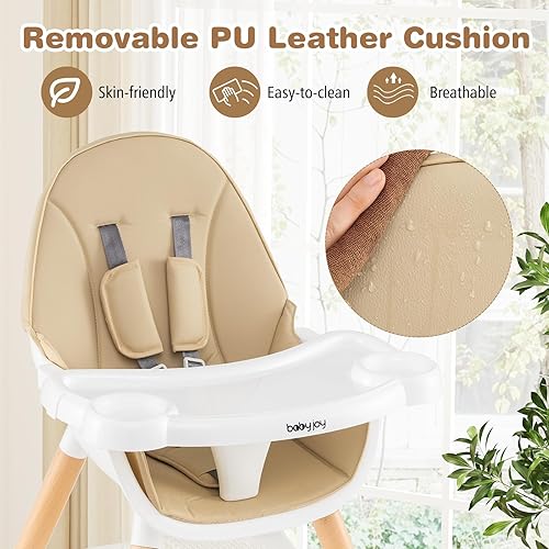 BABY JOY 5 in 1 High Chair, Convertible High Chairs for Babies and Toddlers/Booster Seat/Table and Chair Set, Infant Wooden Highchair w/ 5-Point Harness, 4-Position Removable Tray & PU Cushion, Coffee - Jamouz