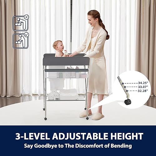 Portable Changing Table for Baby, Foldable Baby Changing Table with Storage, Diaper Changing Station for Nursery, Small Infant Changing Table with Wheels & 3-Level Adjustable Height - Jamouz