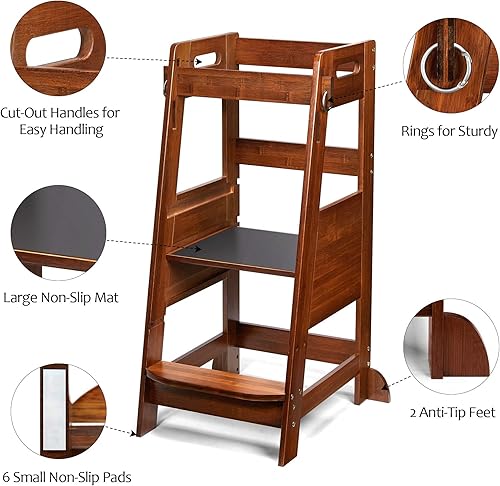 TOETOL Bamboo Toddler Kitchen Step Stool White Helper Standing Tower Height Adjustable with Anti-Slip Protection for Kids Kitchen Counter Learning - Jamouz