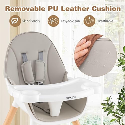 BABY JOY 5 in 1 High Chair, Convertible High Chairs for Babies and Toddlers/Booster Seat/Table and Chair Set, Infant Wooden Highchair w/ 5-Point Harness, 4-Position Removable Tray & PU Cushion, Coffee - Jamouz