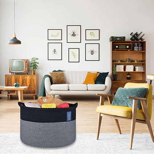 COMSE Extra Large Blanket Basket, Storage Basket, Laundry Basket, 21.7”x 13.8”, Laundry Hamper, Cotton Rope Basket, Blanket Basket Living Room, Toy Basket (White & Cadet Blue & Navy Blue) - Jamouz