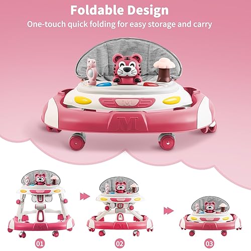 Baby Walkers, 5-in-1 Height Adjustable Baby Walker with Wheels, Foldable Walker for Baby and Baby Activity Center with Music &Toys Tray, Infant Toddler Baby Walker for Boys and Girls 6-24 Months(Grey) - Jamouz