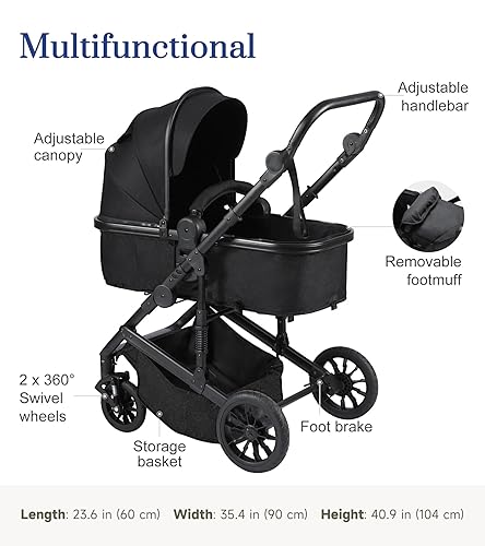 Baby Strollers Black 2-in-1 Convertible Baby Stroller with Bassinet Mode - Toddler Stroller with Reversible Stroller Seat - Jamouz