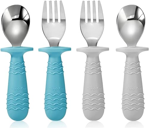 PandaEar 4 Set Baby Toddler Silicone Stainless Steel Utensils Silverware Spoon Fork for Baby Toddler BPA Free with Silicone Holding Anti-Choke Design - Jamouz