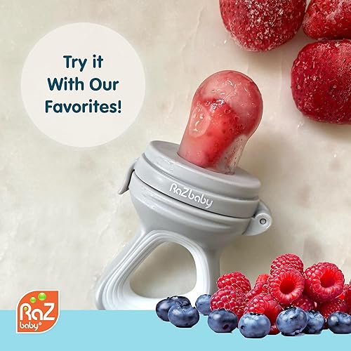 RaZbaby Baby Solids/Frozen Fruit Feeder Pacifier, Infant Teether Toy 6M+, BPA-Free Silicone Pouch & Nipple, Safely Introduce Solids, Teething Relief, Dishwasher Safe, 2-Pack – Orange/Blue + Green/Blue - Jamouz