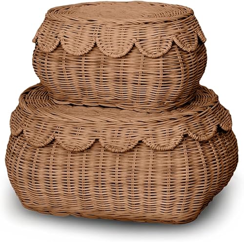 The Original Scalloped Basket Set Of 2 - Small Scallop Basket - 15 x 10 x 6 In - Hand-Woven & Award-Winning - Elegant Wicker With Scalloped Edge Lid - Nursery Storage - (Mocca) - Jamouz