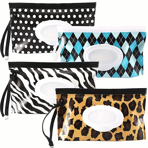 FEBSNOW 4 Pack Baby Wipe Dispenser, Portable Refillable Wipe Holder, Baby Wipes Container, Wipe Dispenser, Reusable Travel Wet Wipe Pouch (Geometric) - Jamouz