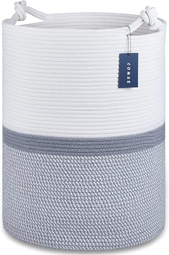COMSE Extra Large Blanket Basket, High Storage Basket, Tall Rope Laundry Basket, 15.7”x 21.7”, Cotton Rope Basket, XXXL Laundry Basket, Toy Basket, Clothes Baskets,White/Cadet Blue/Navy Blue - Jamouz