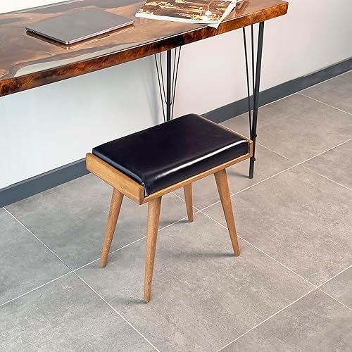 Walnut Ottoman Stool for Living Room | Upholstered in Crowbar Pattern Fabric | Versatile as a Piano Bench | Ideal Bedroom Bench | Functional Footstool Bench - Jamouz