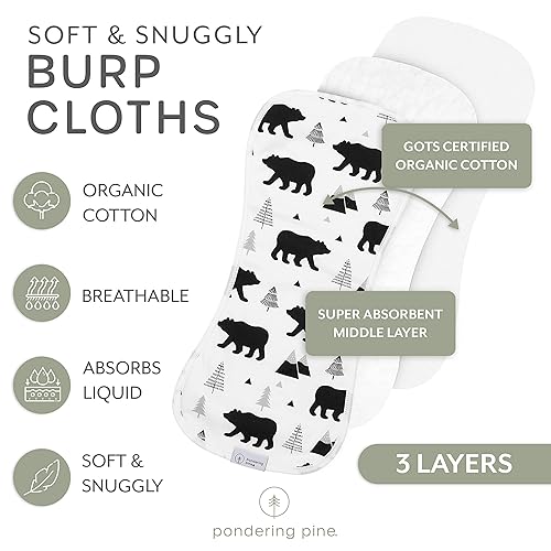 Organic Burp Cloths for Baby Boys and Girls with Bag - XLarge Absorbent Burping Clothes, Newborn Towel, Milk Spit Up Rags, Burpy Cloth Bib for Unisex, Boy, Girl, Baby Bear Woodland, 4 Pack - Jamouz