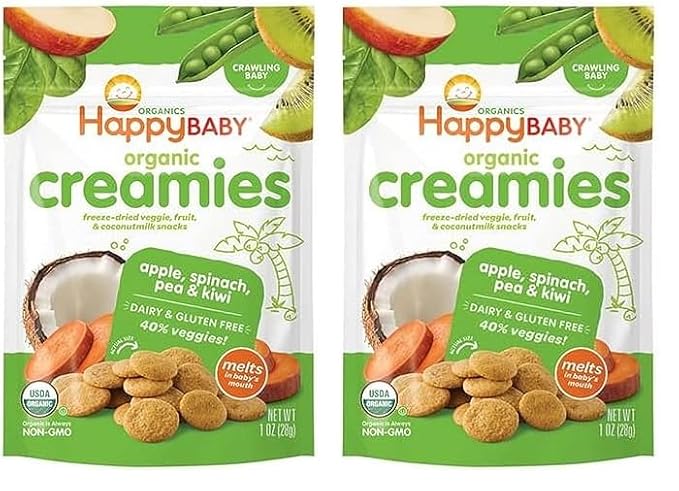 Happy Baby Organics Creamies Freeze-Dried Veggie & Fruit Snacks with Coconut Milk Strawberry Raspberry & Carrot, 1 Ounce (Pack of 8) - Jamouz