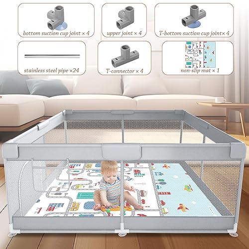Baby Playpen with Mat 74x50 inch, Playpen for Babies and Toddlers, Baby Play Pen Design with External Zipper Gate, Baby Play Yard with Non-Slip Suction Cups on The Bottom, Baby Fence, Grey - Jamouz