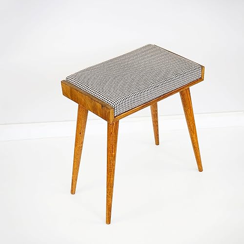 Walnut Ottoman Stool for Living Room | Upholstered in Crowbar Pattern Fabric | Versatile as a Piano Bench | Ideal Bedroom Bench | Functional Footstool Bench - Jamouz
