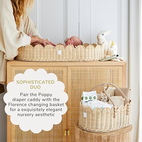 Premium Baby Diaper Caddy Organizer - Handmade & Award-Winning Scalloped Rattan Basket - Luxury Diaper Caddy Basket - Elegant Scalloped Edge (Natural) - Jamouz