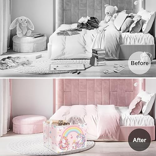 Clastyle 36L Pink Unicorn Rainbow Girls Storage Basket Collapsible Rectangle Clothes ToyBook Shelf Basket for Kid Room Nursery - Jamouz