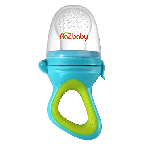 RaZbaby Baby Solids/Frozen Fruit Feeder Pacifier, Infant Teether Toy 6M+, BPA-Free Silicone Pouch & Nipple, Safely Introduce Solids, Teething Relief, Dishwasher Safe, 2-Pack – Orange/Blue + Green/Blue - Jamouz